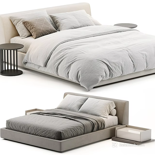 Modern Simple Double Bed With Light Gray Linen Bedding Beige Headboard And Small Nightstands 3d model 