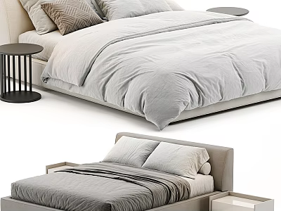 Modern Simple Double Bed With Light Gray Linen Bedding Beige Headboard And Small Nightstands 3d model