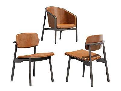 Modern Brown Leather Dining Chairs With Sturdy Metal Frame And Elegant Design 3d model
