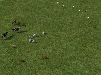 Natural Habitat of Reptiles in Green Grassland With Horses Cows And Sheep 3d model