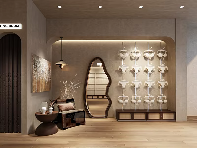 Clothing Store Interior With Arched Mirror Hanging Display Racks Wooden Flooring And Sofa Seating 3d model