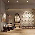 Clothing Store Interior With Arched Mirror Hanging Display Racks Wooden Flooring And Sofa Seating