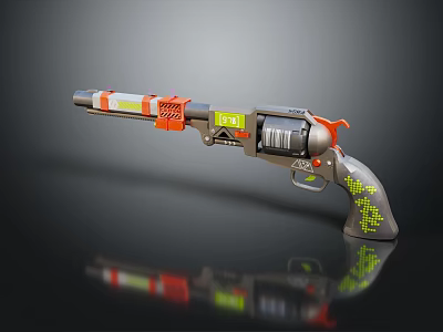 3D Rendered Revolver With Orange Gray Body Green Dotted Grip Warning Label And Reflective Surface 3d model