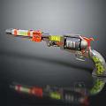 3D Rendered Revolver With Orange Gray Body Green Dotted Grip Warning Label And Reflective Surface