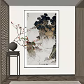 Chinese Landscape Painting With Mountains Waterfall Trees And Red Berry Branch Decor On Dark Shelf