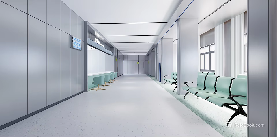 Modern Hospital Corridor With Green Waiting Chairs And Metal Wall Panels 3d model 