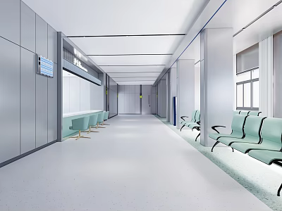 Modern Hospital Corridor With Green Waiting Chairs And Metal Wall Panels 3d model