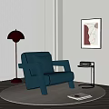 Stylish Blue Armchair with Red Floor Lamp Side Table and Wall Art by White Blinds