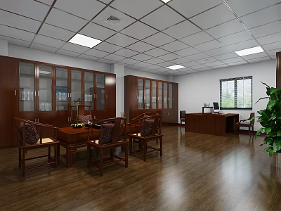 Traditional Public Office Space With Wooden Cabinets Tables Chairs Windows And Green Plant 3d model