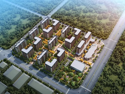 Residential Community Birds Eye View Planning With Apartment Buildings Greenery And Roads 3d model