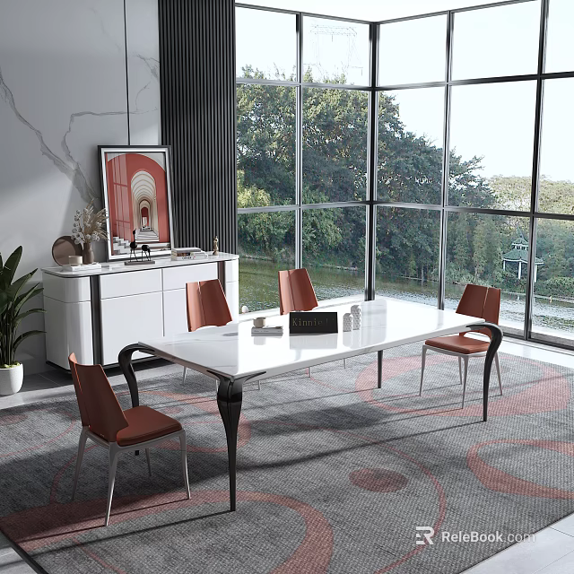 Dining Table Set With White Tabletop Orange Chairs And Black Legs By Large Windows 3d model