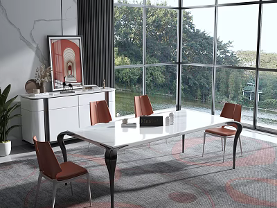 Dining Table Set With White Tabletop Orange Chairs And Black Legs By Large Windows 3d model