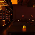 Modern Bar Interior With Neon Lights Cozy Seating Wooden Shelves And Warm Ambience
