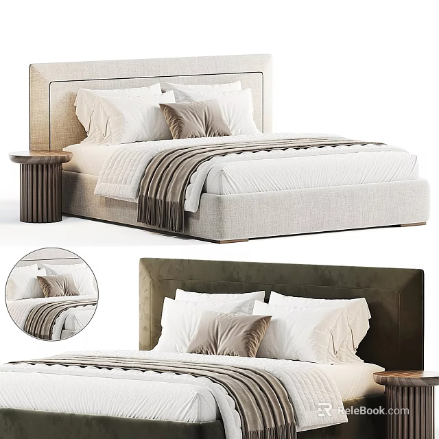 Modern Double Bed With Upholstered Linen Headboard Plush Pillows And Wooden Nightstand 3d model 