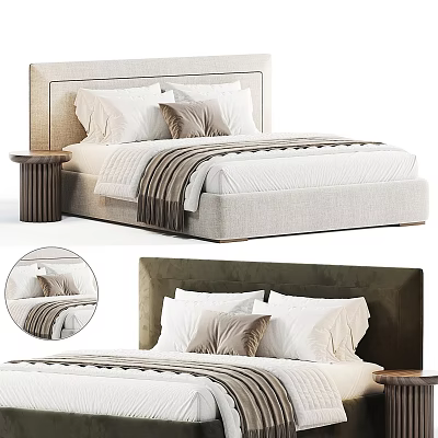 Modern Double Bed With Upholstered Linen Headboard Plush Pillows And Wooden Nightstand 3d model