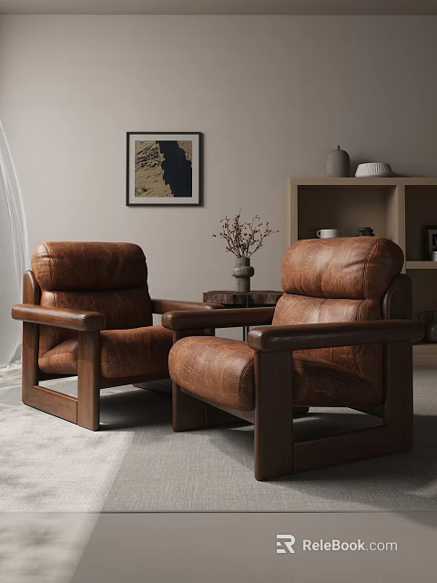 Brown Leather Single Sofa With Wooden Armrests In Cozy Living Room Setting 3d model 