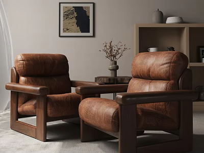 Brown Leather Single Sofa With Wooden Armrests In Cozy Living Room Setting 3d model
