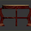 Round Top Furniture Featuring Textured Surface Red Wooden Curved Legs And Lower Shelf