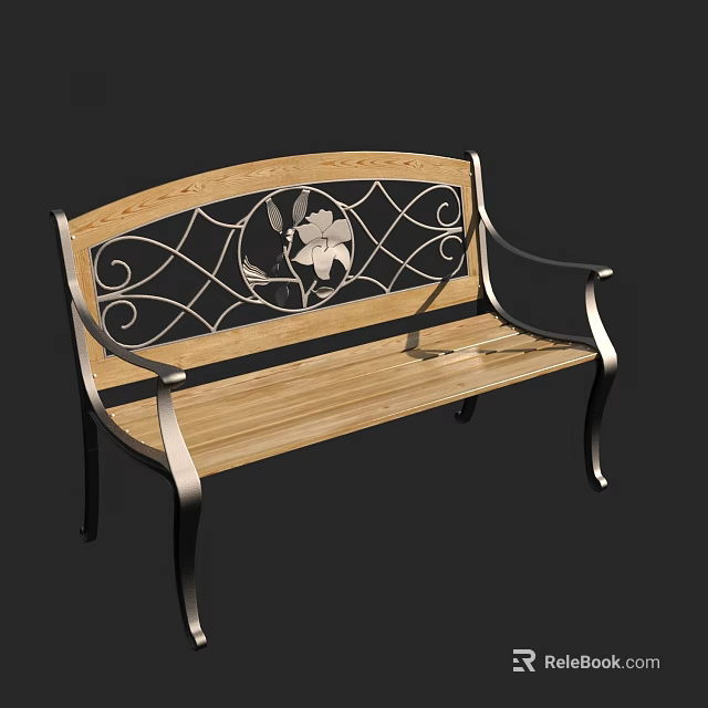 Roadside Public Bench With Wooden Seat Metal Frame And Decorative Floral Pattern Design 3d model 