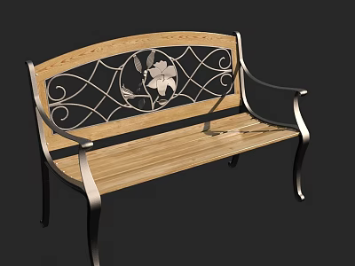 Roadside Public Bench With Wooden Seat Metal Frame And Decorative Floral Pattern Design 3d model