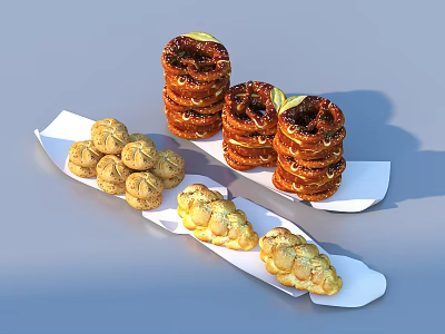 Assorted Pastries Including Stacked Rings Round Balls And Long Twists On White Trays 3d model