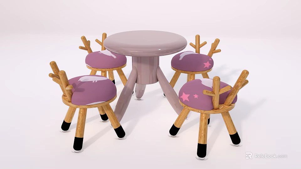 Round Light Purple Kids Table with Antler Backrest Chairs and Cloud Star Patterns 3d model