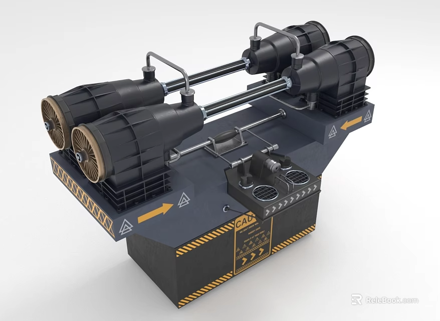 Heavy Duty Industrial Machinery With Black Cylinders Piping And Warning Stripes 3d model 