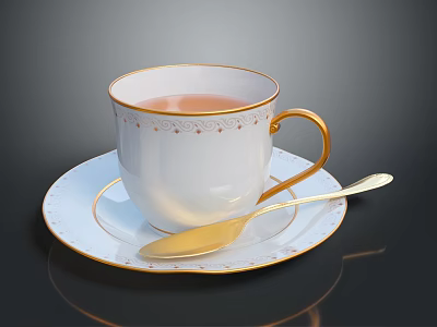 White Teacup With Gold Rim And Decorations On Matching Saucer With Gold Spoon 3d model