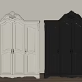 Classical White Black Four Door Wardrobes With Ornate Carved Design Golden Handles On Wooden Floor