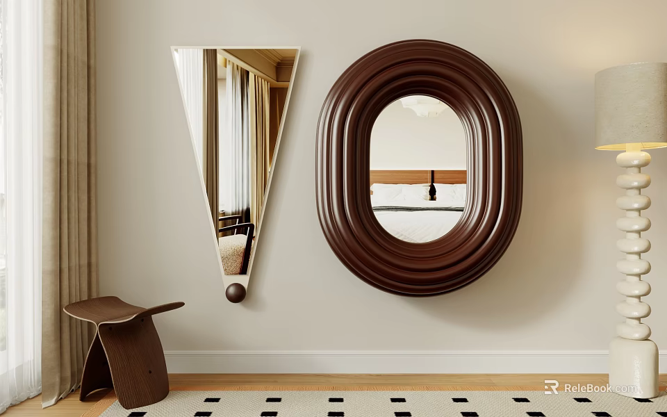 Triangular and Oval Brown Wooden Mirrors as Wall Decor with Small Stool and Checkerboard Floor 3d model