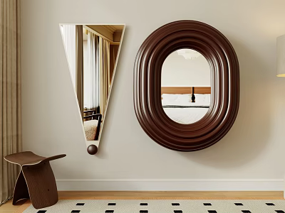 Triangular and Oval Brown Wooden Mirrors as Wall Decor with Small Stool and Checkerboard Floor 3d model