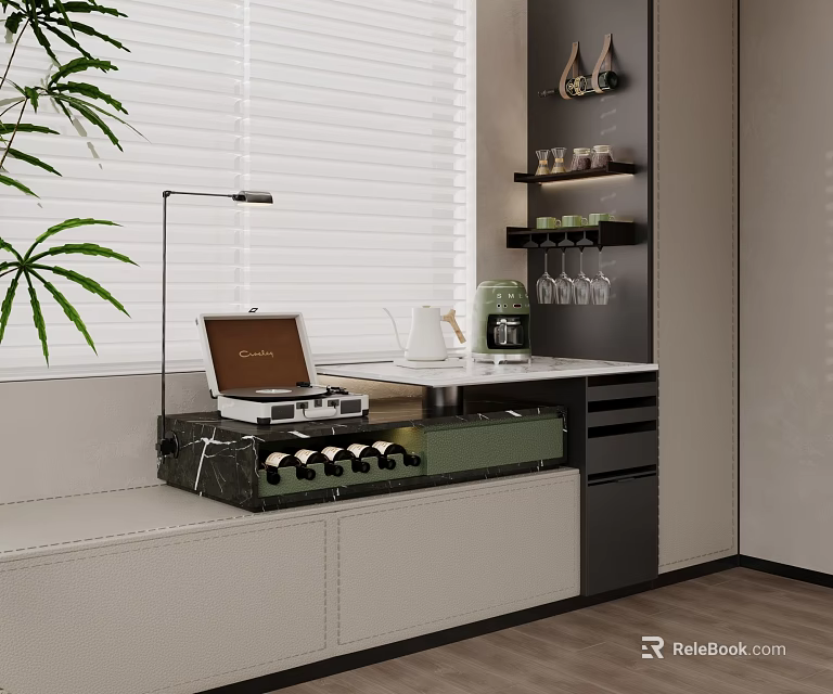 Bay Window Cabinet with Laptop Wine Rack Coffee Machine Green Plant and White Countertop 3d model 