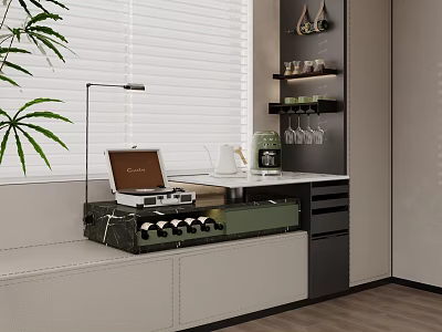 Bay Window Cabinet with Laptop Wine Rack Coffee Machine Green Plant and White Countertop 3d model