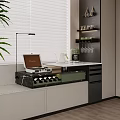 Bay Window Cabinet with Laptop Wine Rack Coffee Machine Green Plant and White Countertop
