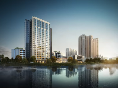 Modern High Rise Residential Building With Waterfront View Lake Reflection And Lush Trees 3d model