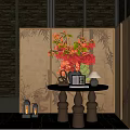 Elegant Traditional Chinese Console Table Interior With Red Floral Arrangement Lantern Lamps And Patterned Screen