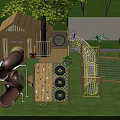 Outdoor Wooden Playground Equipment With Slide Climbing Net Animal Themed Cabin And Grass Area