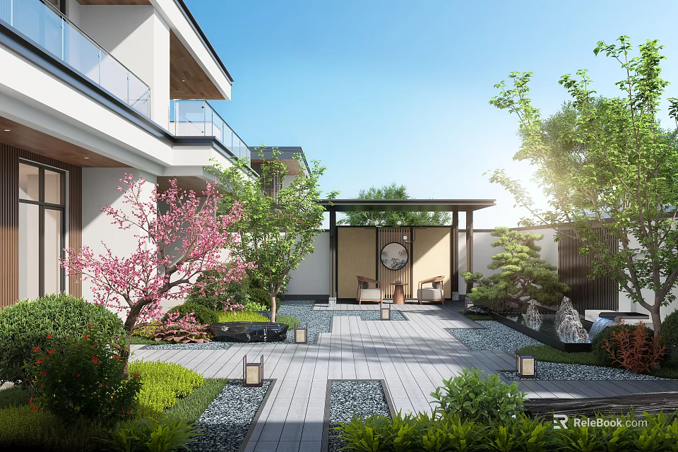 Traditional Chinese Courtyard Garden Featuring Stone Path Lanterns Green Plants And Cherry Blossom Tree 3d model 