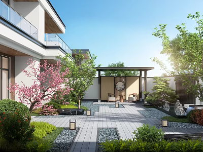 Traditional Chinese Courtyard Garden Featuring Stone Path Lanterns Green Plants And Cherry Blossom Tree 3d model
