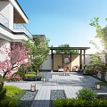 Traditional Chinese Courtyard Garden Featuring Stone Path Lanterns Green Plants And Cherry Blossom Tree