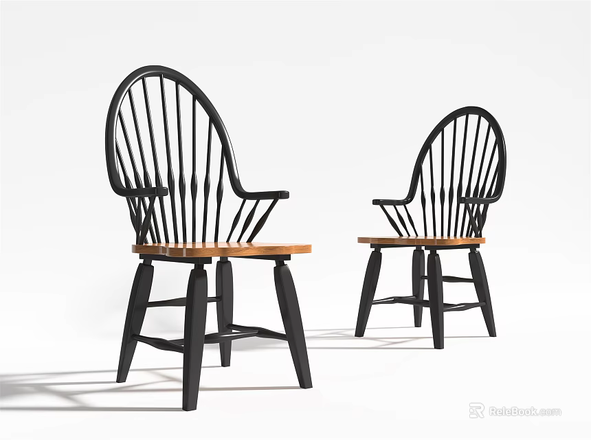 Traditional Black Frame Dining Chairs With Wooden Seat And Vertical Slat Back Design 3d model 