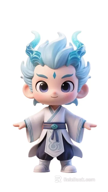 Cute Cartoon Doll With Blue Hair Big Eyes Traditional White Robe And Blue Belt 3d model 