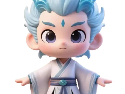 Cute Cartoon Doll With Blue Hair Big Eyes Traditional White Robe And Blue Belt 3d model