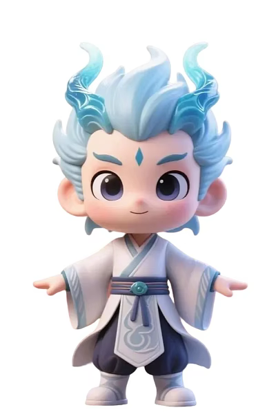 Cute Cartoon Doll With Blue Hair Big Eyes Traditional White Robe And Blue Belt 3d model