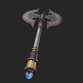 Ornate Battle Axe With Intricate Carvings And Blue Gemstone Accents