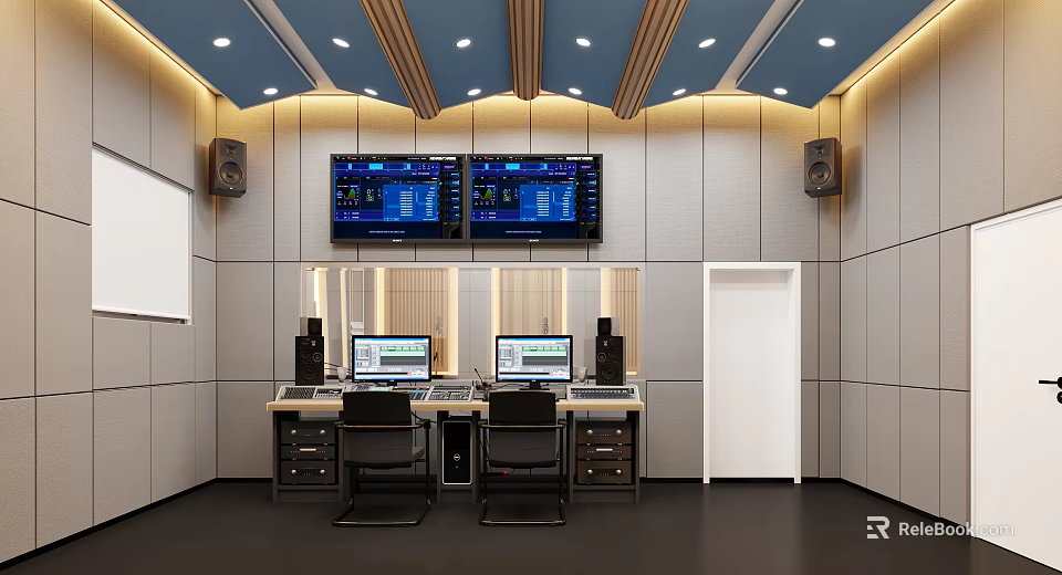 Modern Control Room With Dual Monitors Workstations Computers And Ceiling Lighting 3d model 