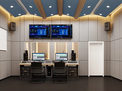 Modern Control Room With Dual Monitors Workstations Computers And Ceiling Lighting 3d model