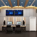 Modern Control Room With Dual Monitors Workstations Computers And Ceiling Lighting 3d model