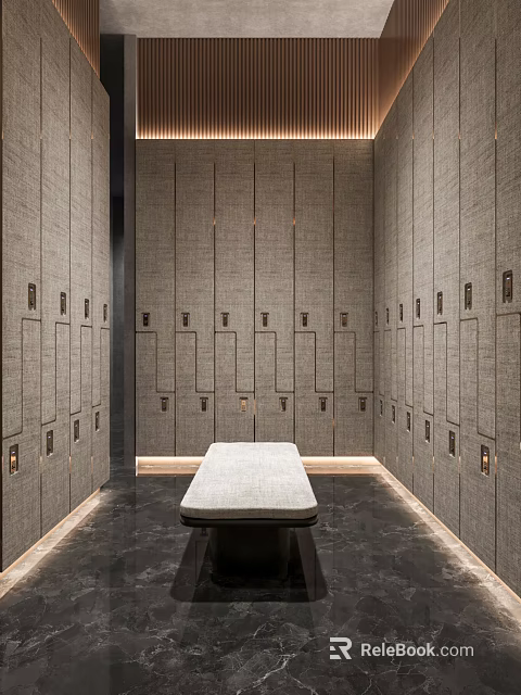 Contemporary Locker Room Interior With Aligned Lockers Textured Walls And Central Bench 3d model 