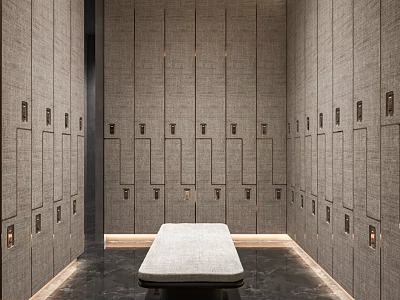 Contemporary Locker Room Interior With Aligned Lockers Textured Walls And Central Bench 3d model